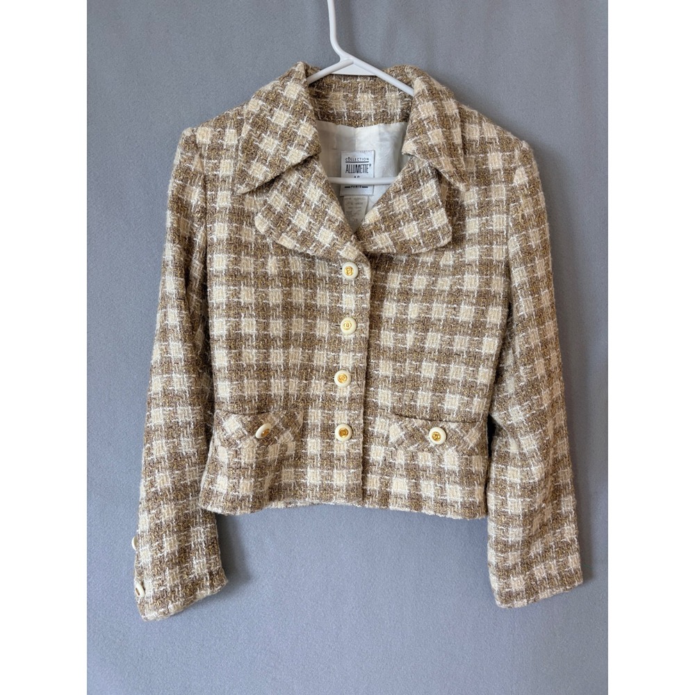 Collection Allumette Paris Tan Tweed Jacket Vintage Plaid Blazer Made in France